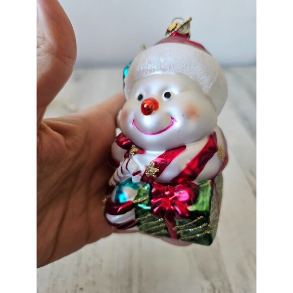 Glass snowman present peppermint red glitter ornament Xmas tree - Picture 3 of 10